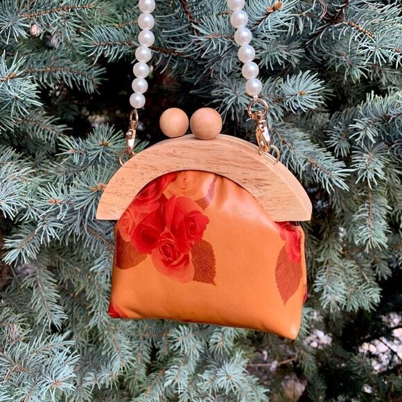 Handmade Genuine Leather Rose Print Wooden Frame Purse with 2 Chains style - Picture 10 of 16